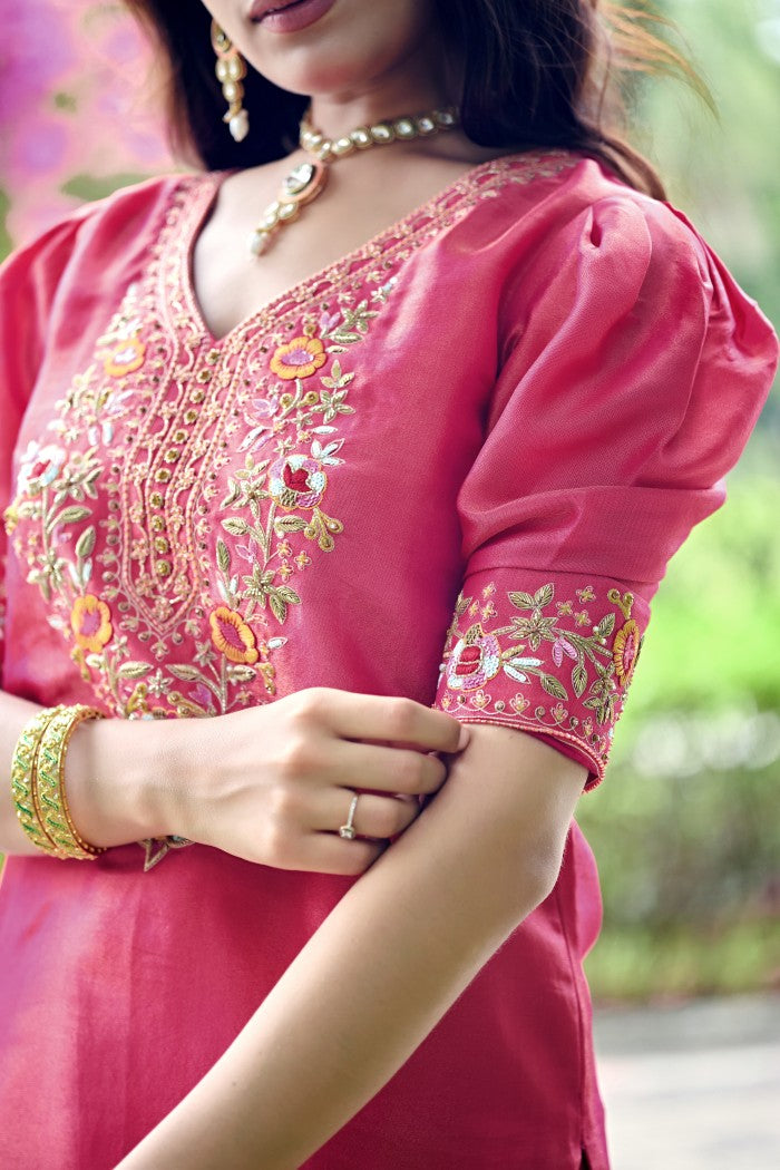 Pink & Tangerine Embroidered Festive Kurta Set