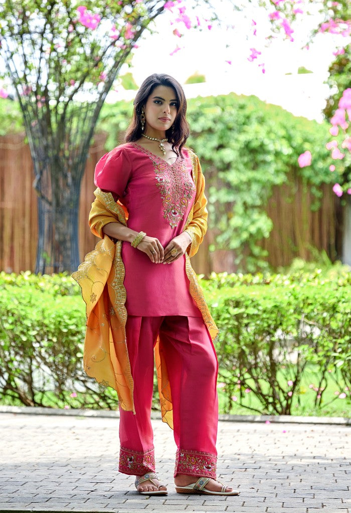 Pink & Tangerine Embroidered Festive Kurta Set
