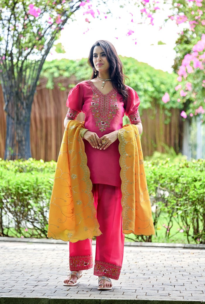 Pink & Tangerine Embroidered Festive Kurta Set