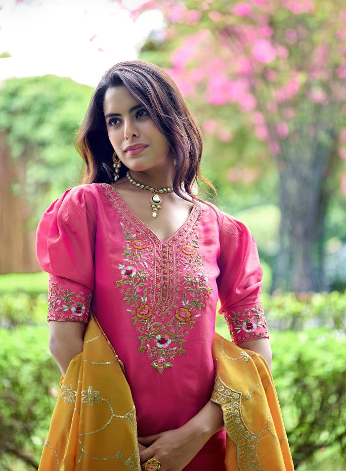 Pink & Tangerine Embroidered Festive Kurta Set