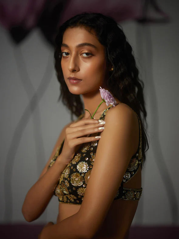 Nightflower Black Silk Organza Lehenga Set