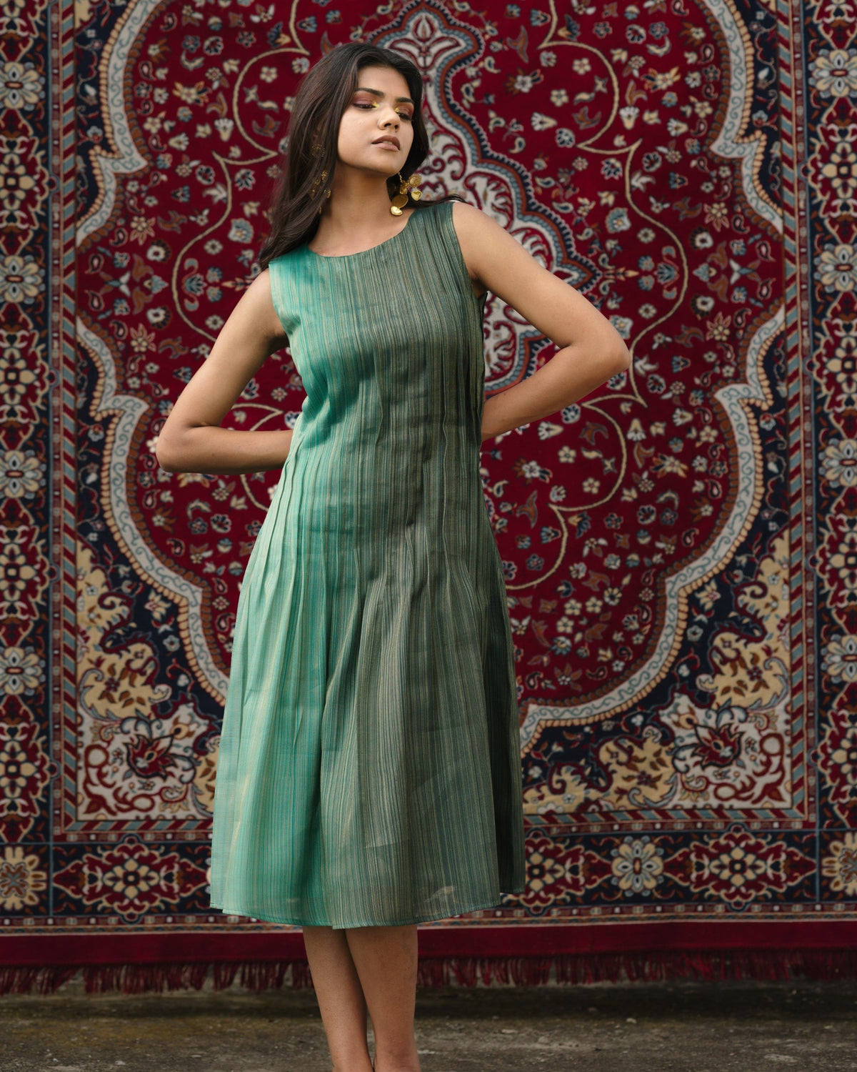 Structured Pleat Dress - Forest Silk
