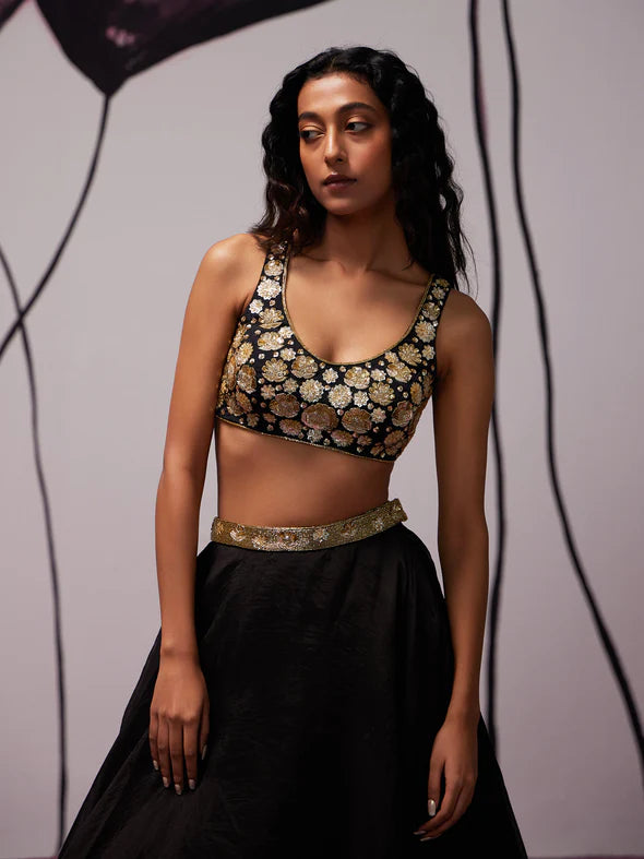 Nightflower Black Silk Organza Lehenga Set