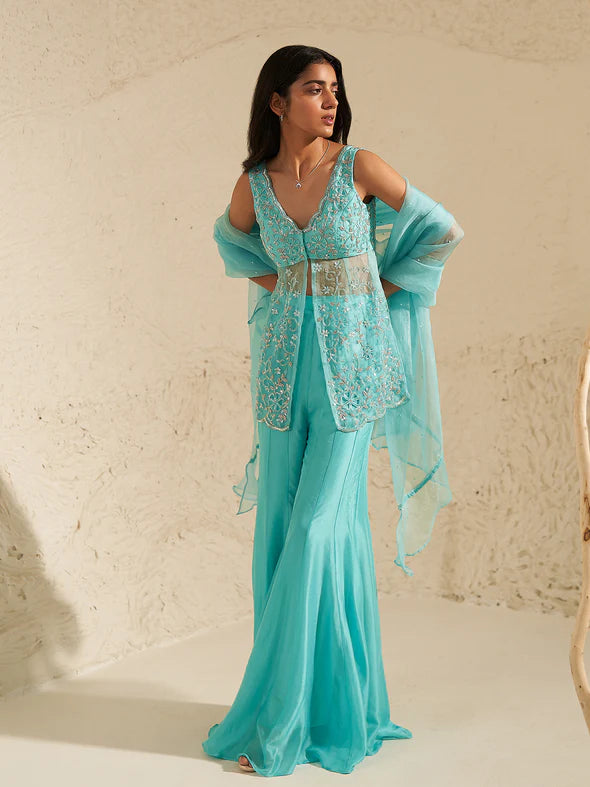 Cassia Aqua Blue Sharara Set