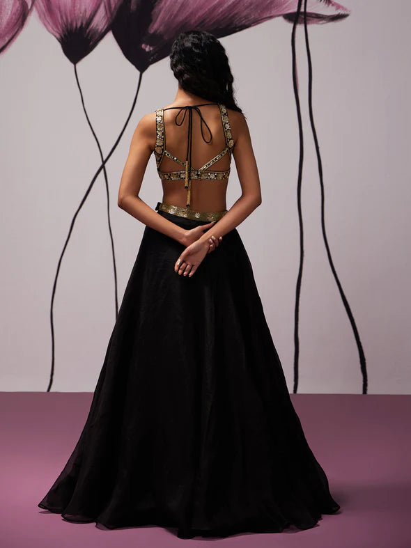 Nightflower Black Silk Organza Lehenga Set