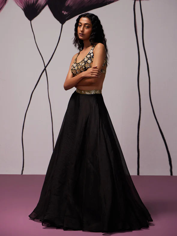 Nightflower Black Silk Organza Lehenga Set