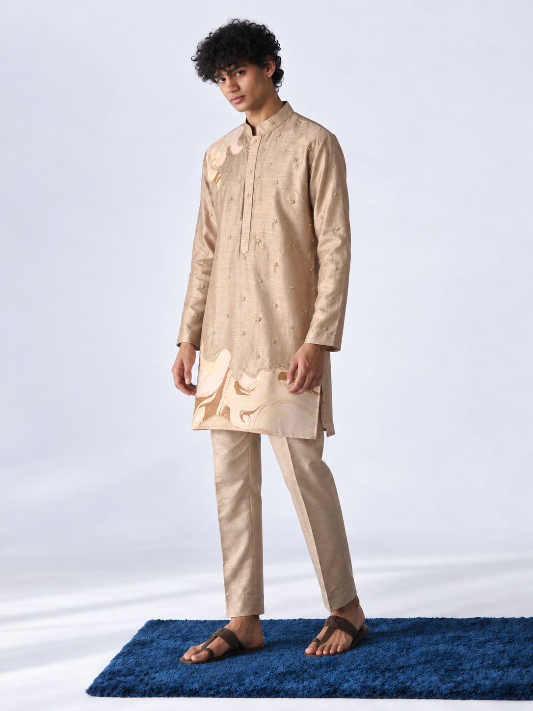 Champagne Embroidered Marble Appliqué Kurta - Pant Set