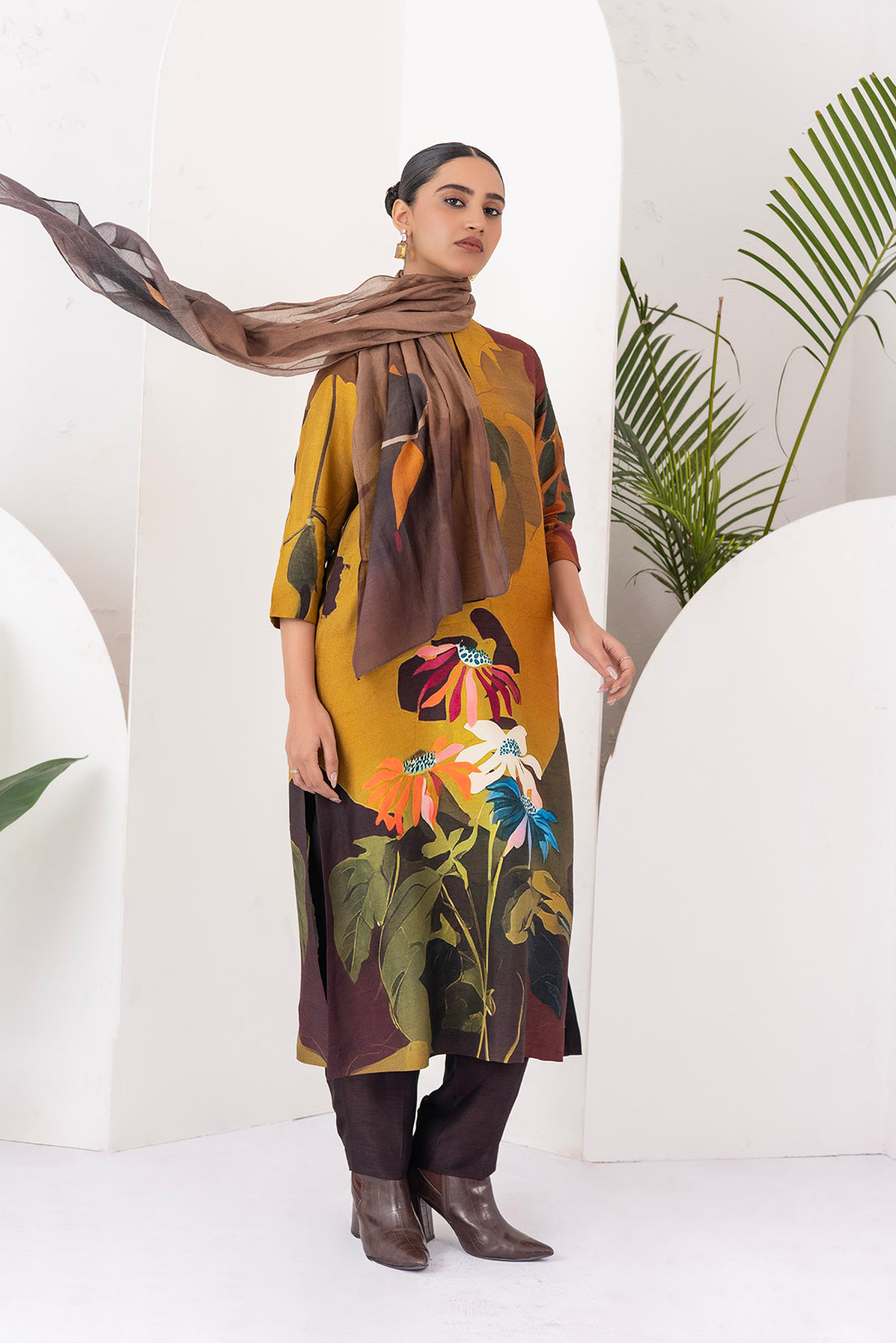 Shades Of Brown Thin Chanderi Printed Stole  (1 PC)