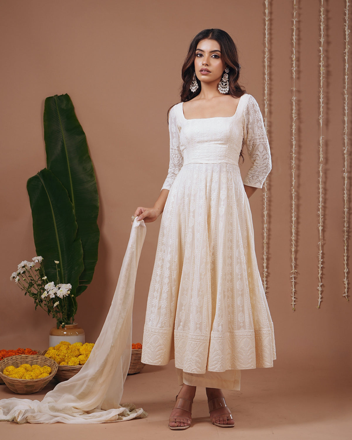 Ivory Chikankari Anarkali Suit Set (Set of 3)