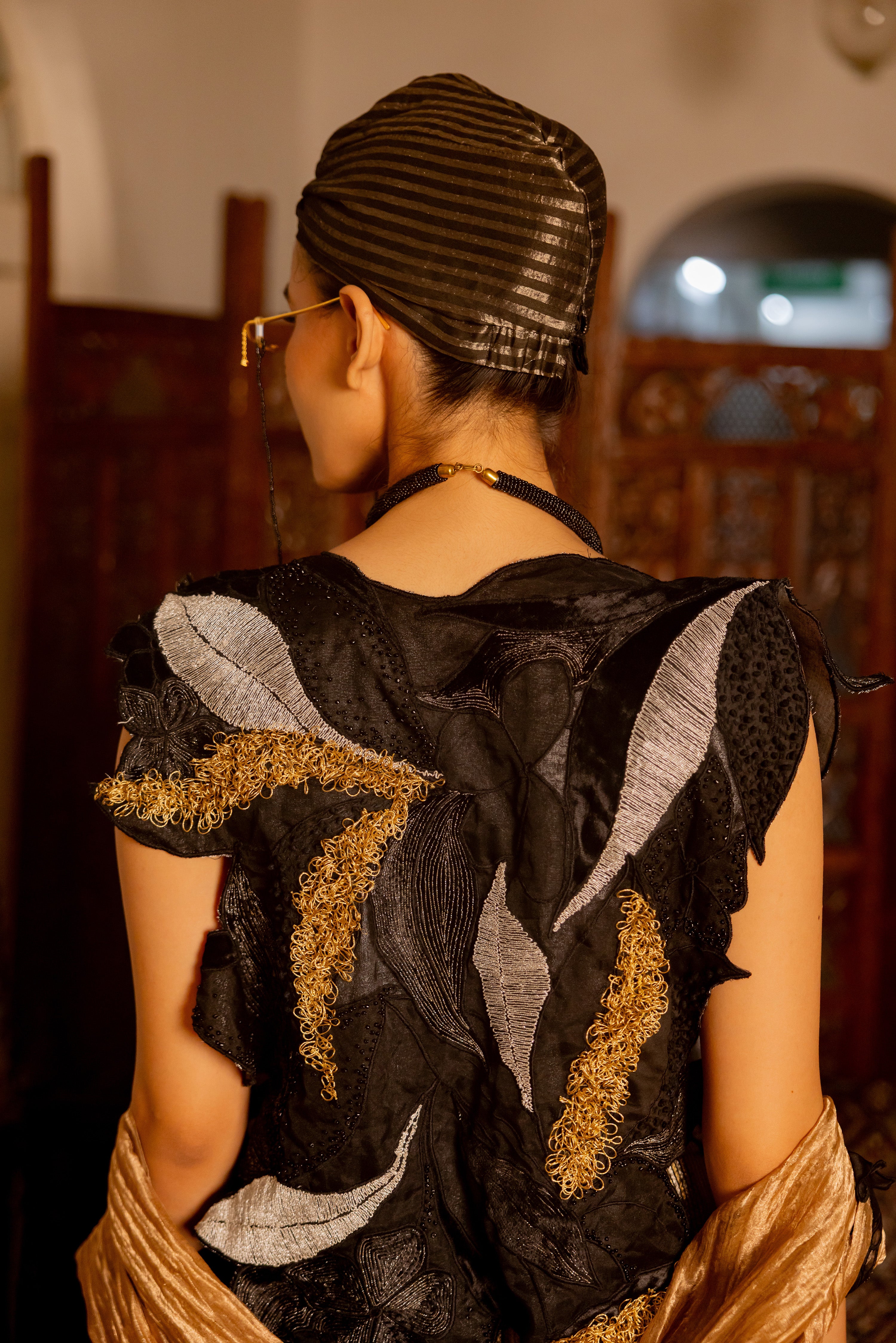 "BLACK OVERLAY WITH GOLDEN SKIRT BUSTIER AND DUPATTA ( indra)"