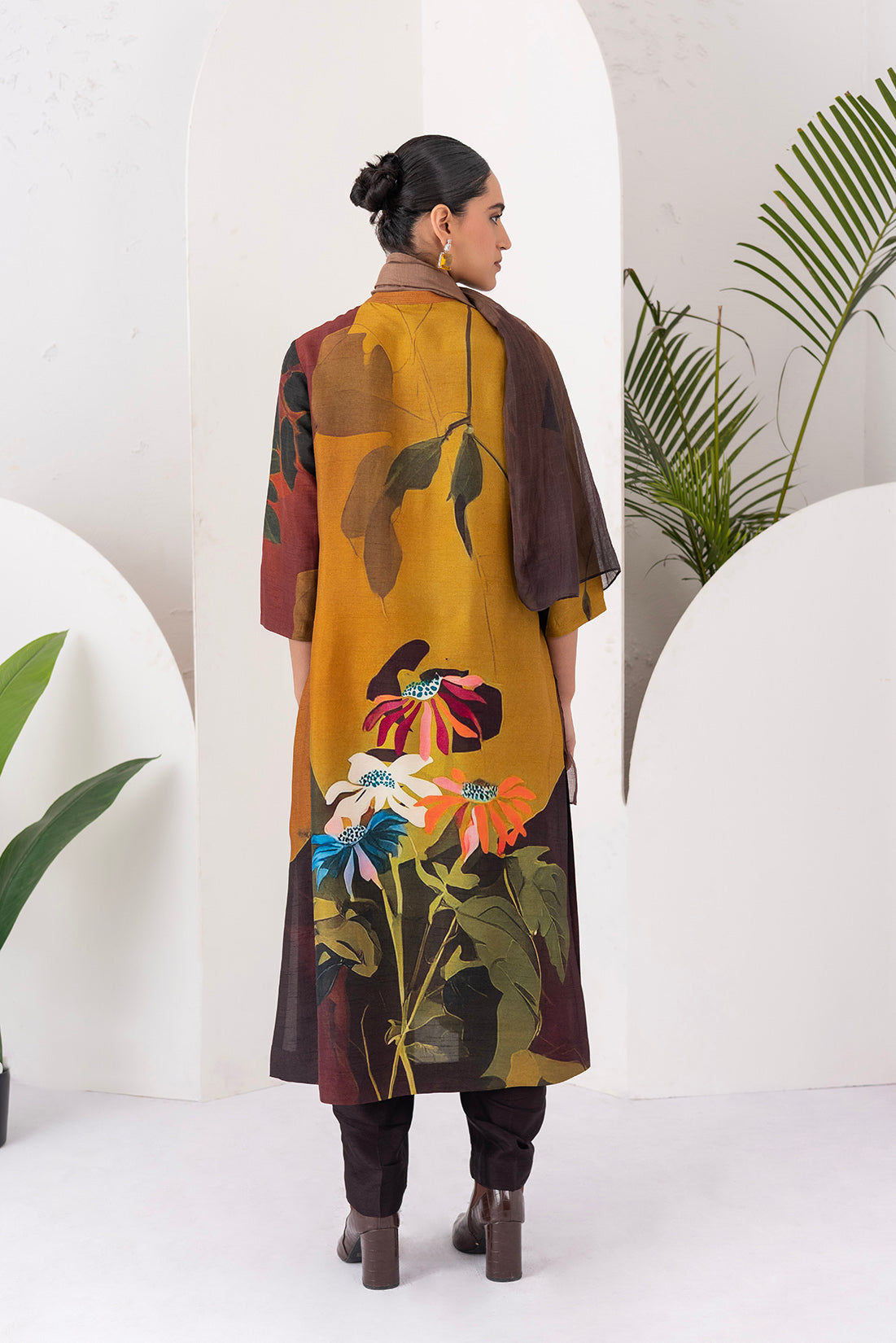 Mustard & Brown Viscose Dupion Printed Tunic  (1 PC)