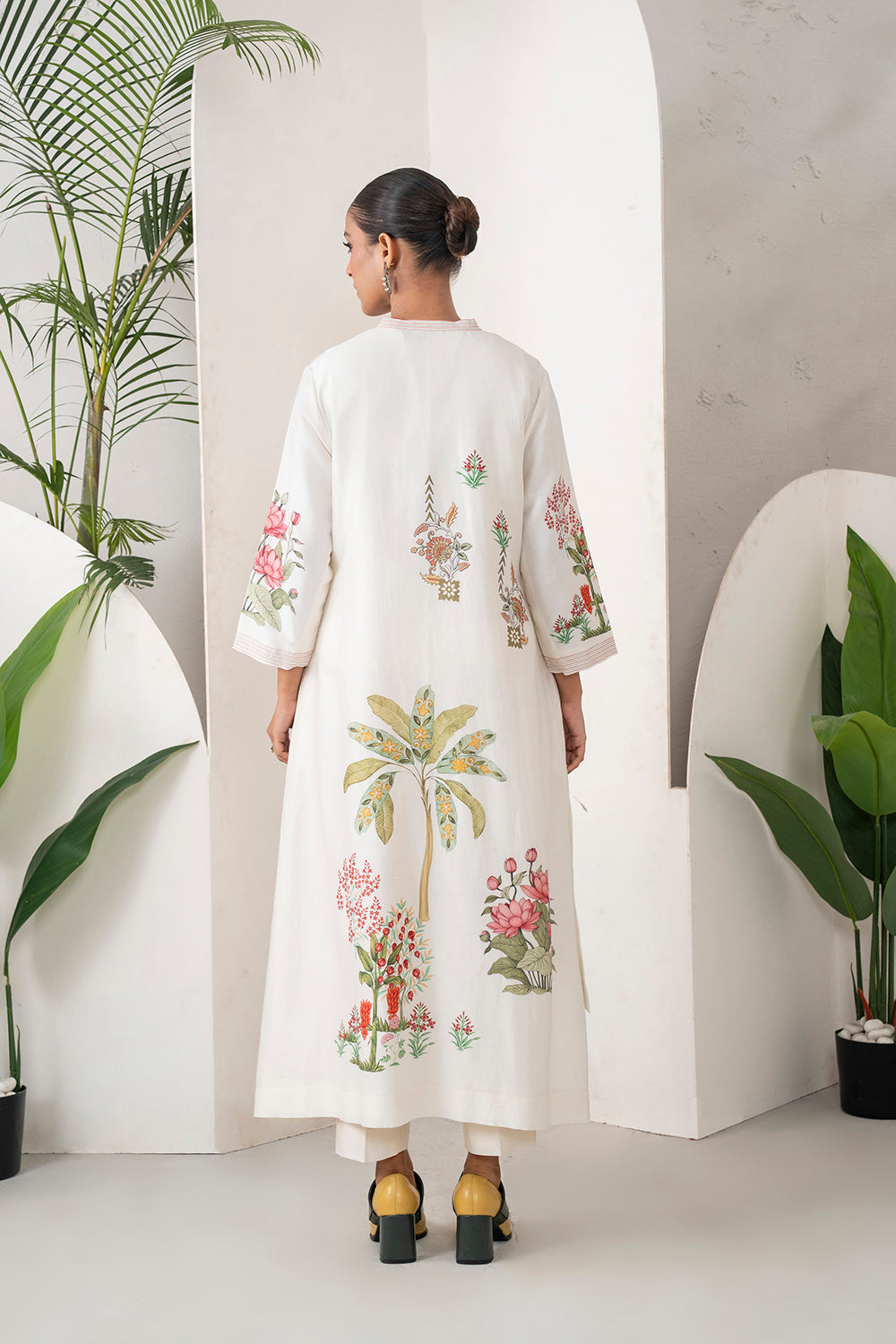 Ivory Silk Chanderi Miniature Art Printed High-Low Dress Set (3 PCS)