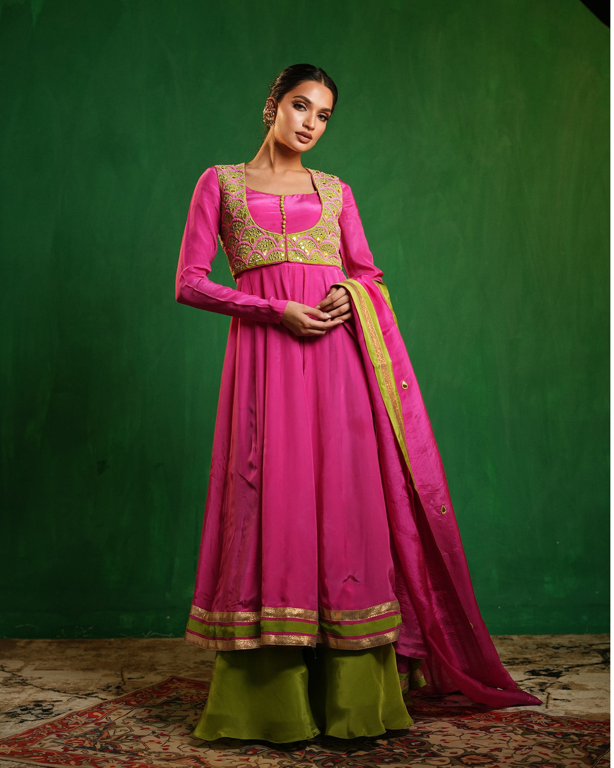 Fuschia Pink - Lime Green Heavy Anarkali Set (Set of 4)