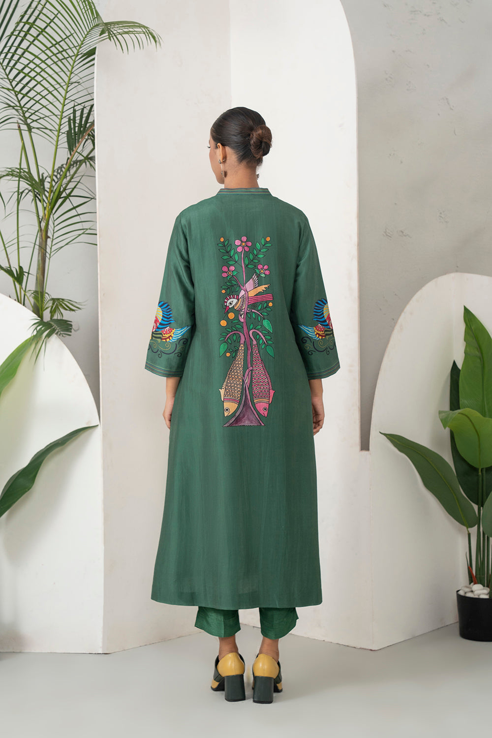 Emerald Silk Chanderi Peacocks And Fish Motifs Printed Dress Set (3 PCS)