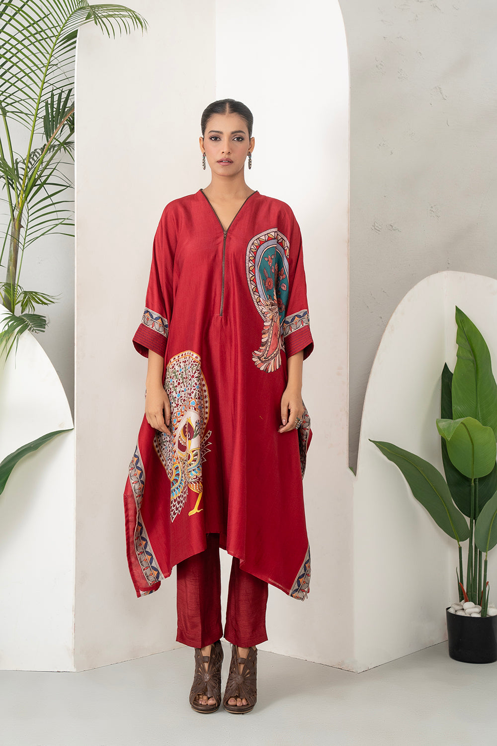 Maroon Silk Chanderi Bold Peacock Printed Zippered Kaftan Set (2 PCS)