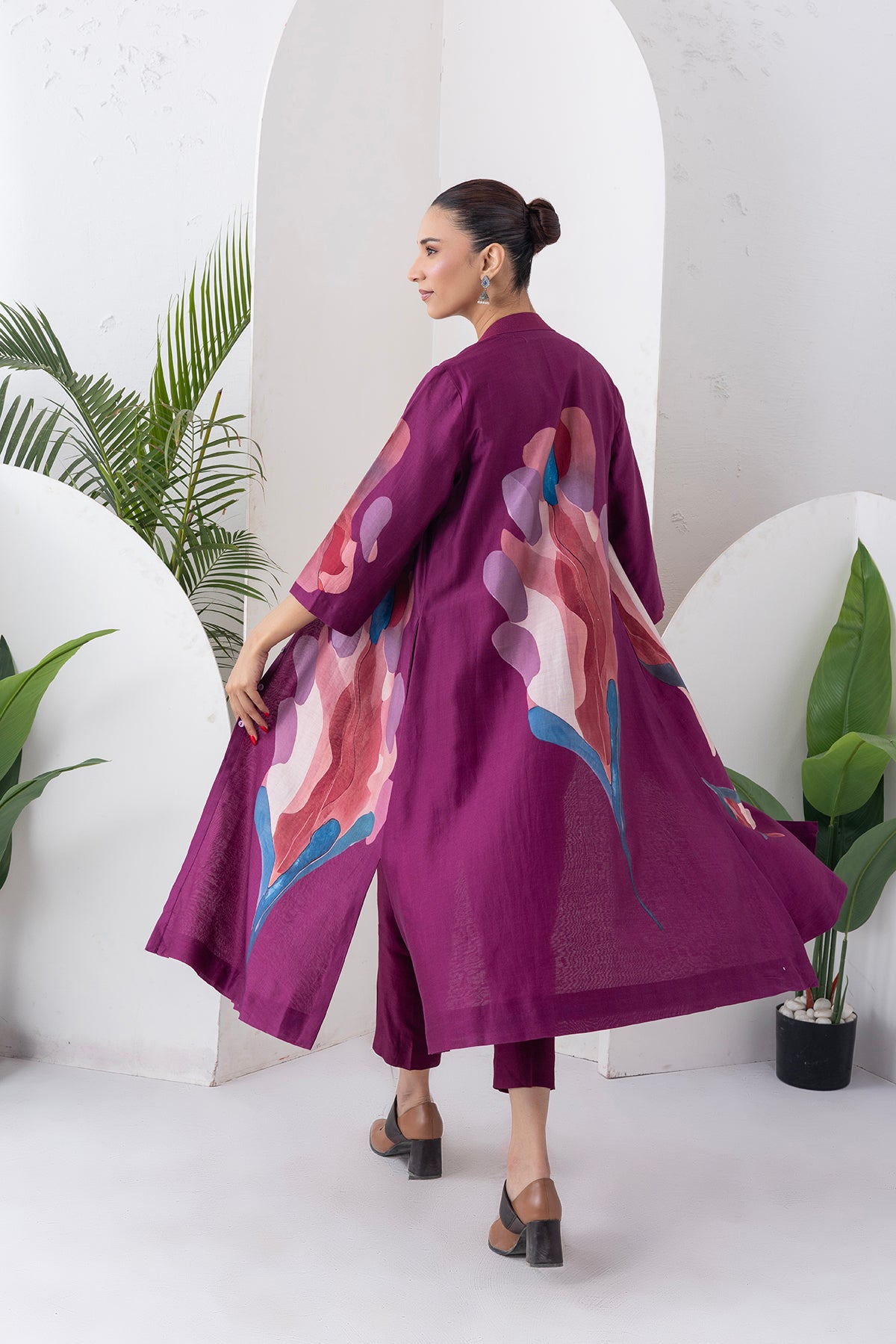Wine Silk Chanderi Printed Dress (1 PC)