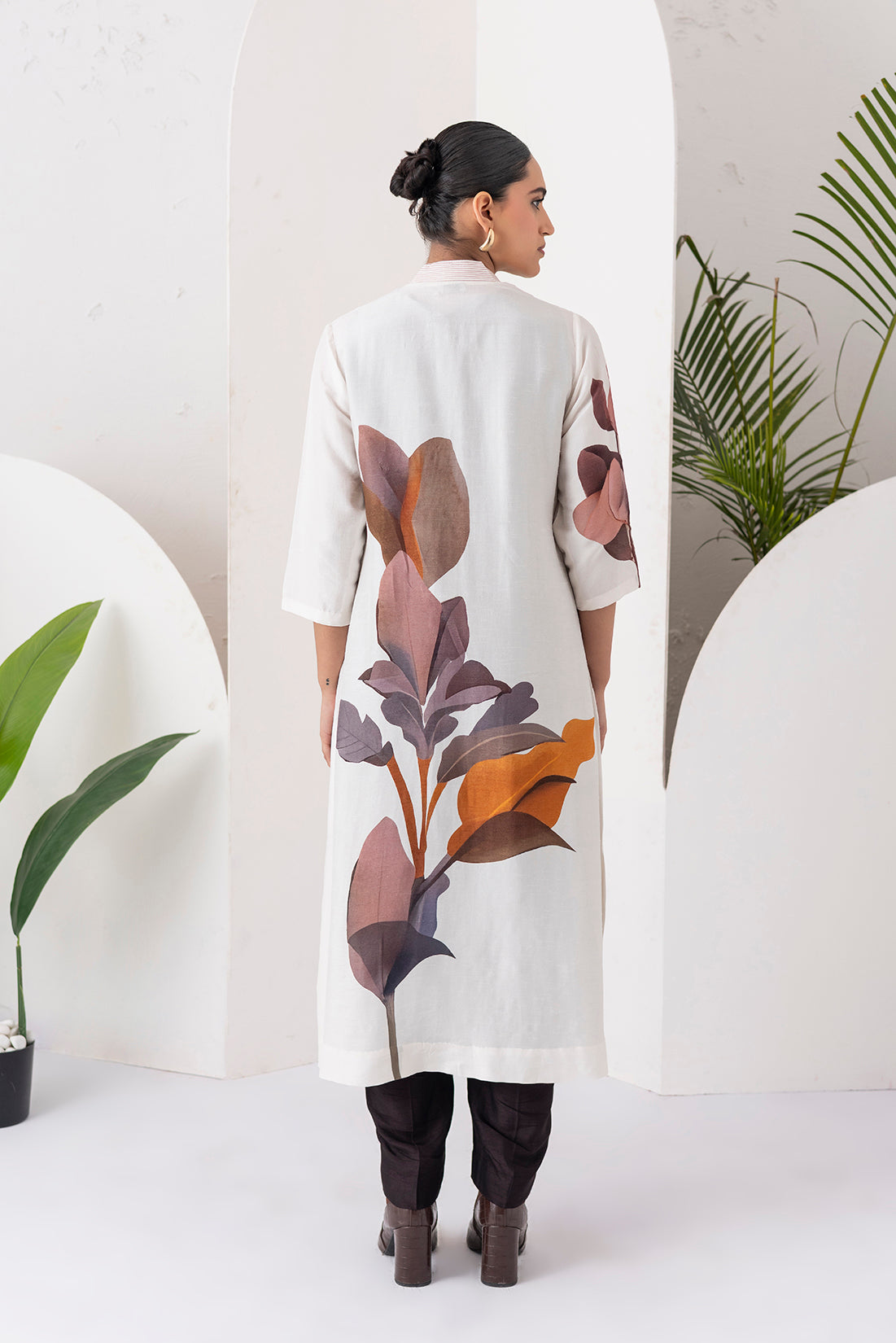 Ivory Viscose Dupion Leaf Printed Dress (1 PC)