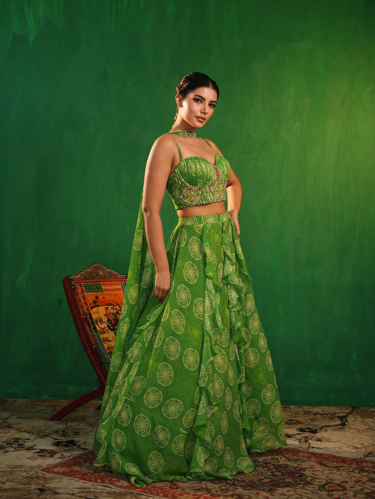 Lime Green Ruffle Lehenga Set (Set of 3)