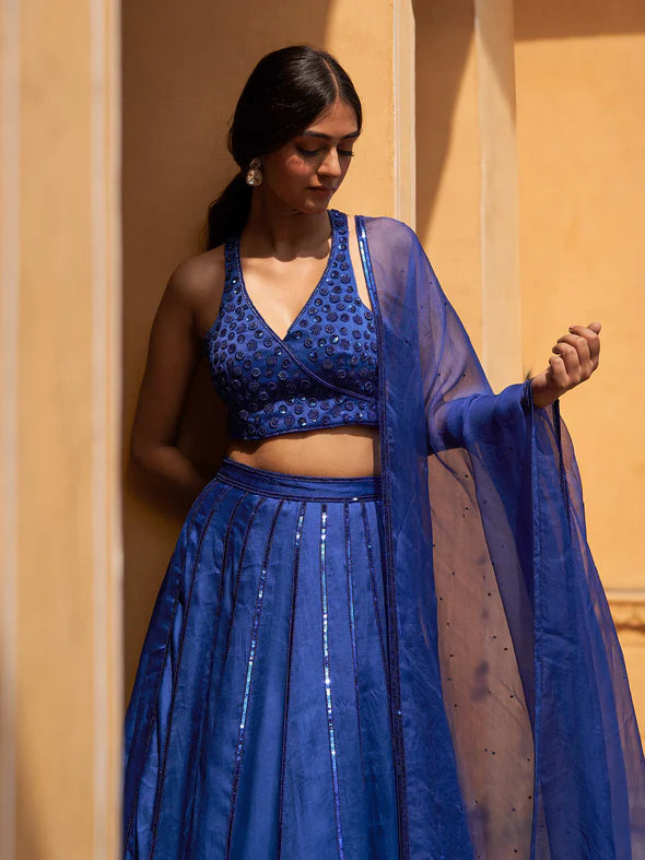 Aster Blue Silk Organza Lehenga Set