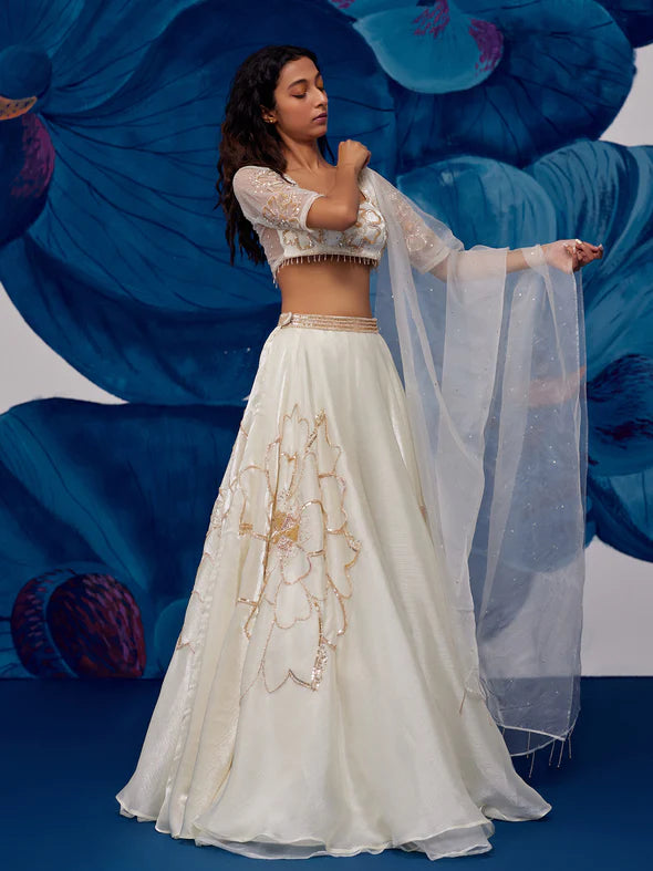 Petal Moon Ivory Organza Lehenga Set