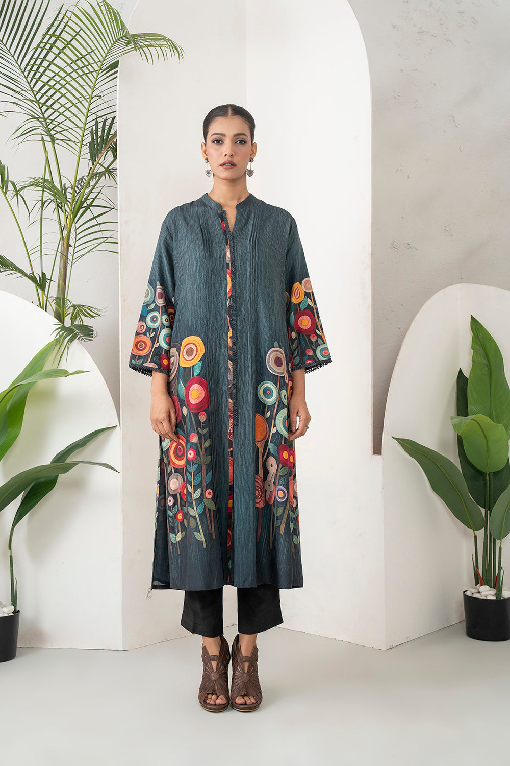 Charcoal Silk Chanderi Striking Floral Illustration Printed Dress Set (2 PCS)