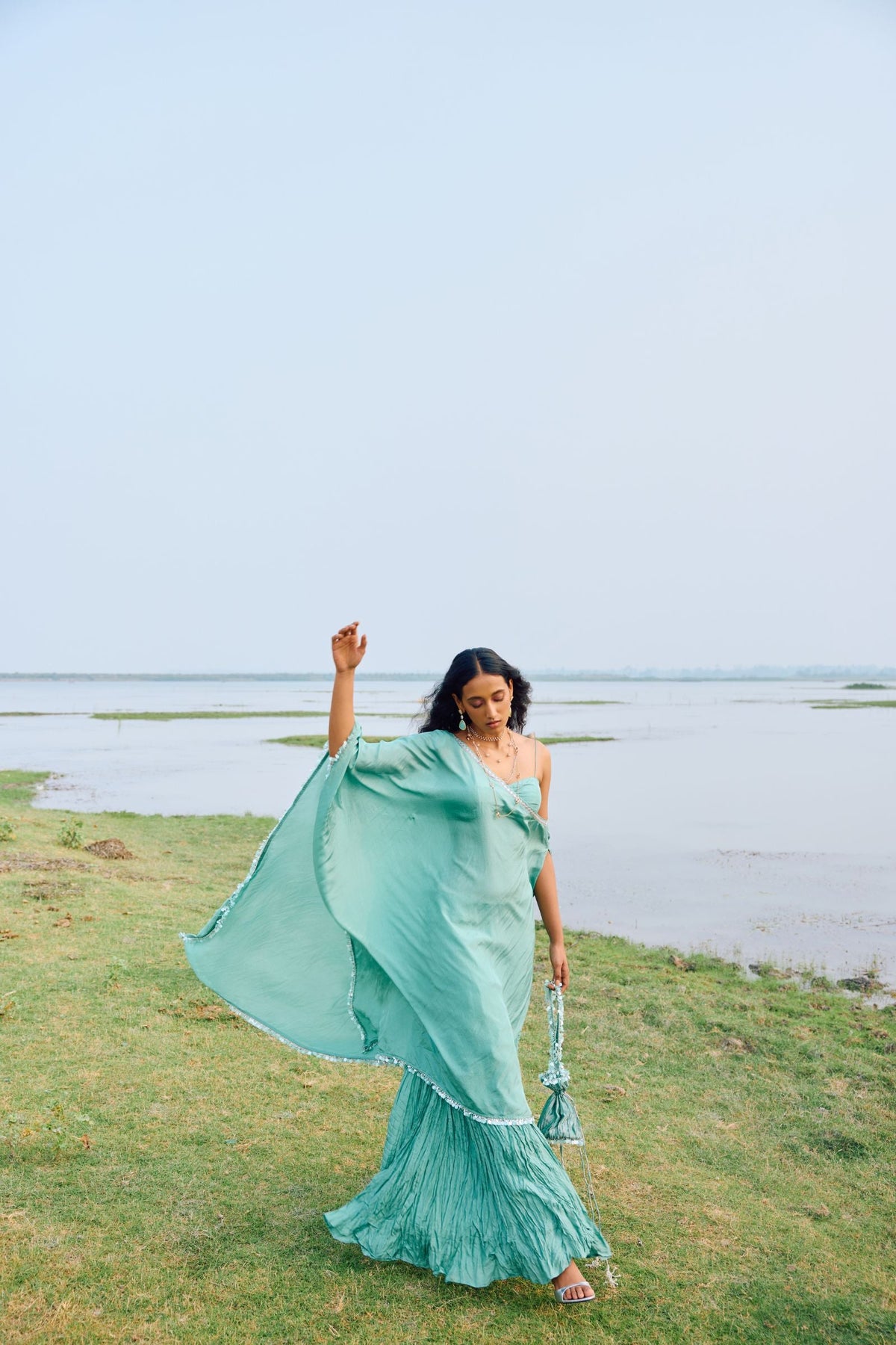 CAPE PAIRED WITH BLOUSE CRUSHED SHARARA SET