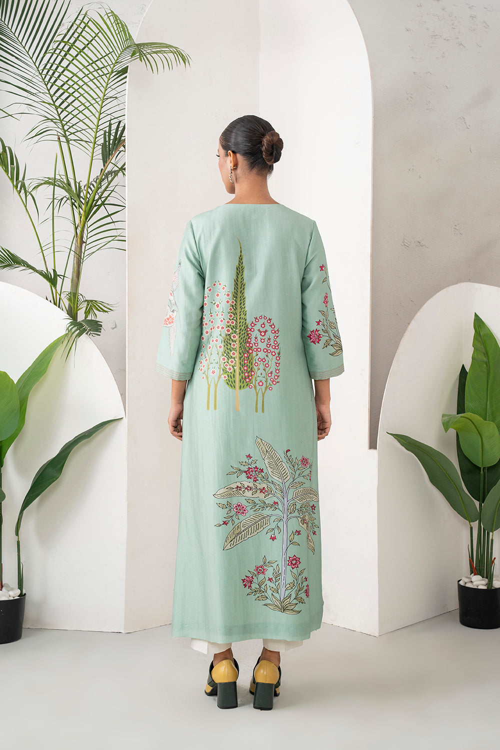 Mint Silk Chanderi Miniature Painting Inspired Printed Dress Set (2 PCS)