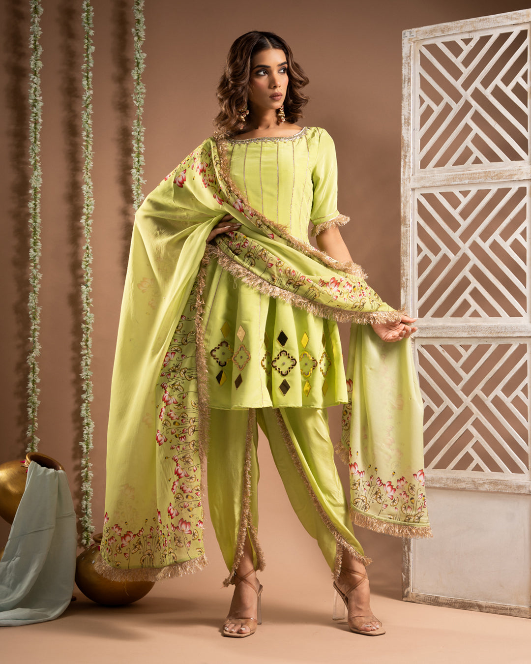 Green Short Anarkali-Tulip Salwar Set (Set of 3)