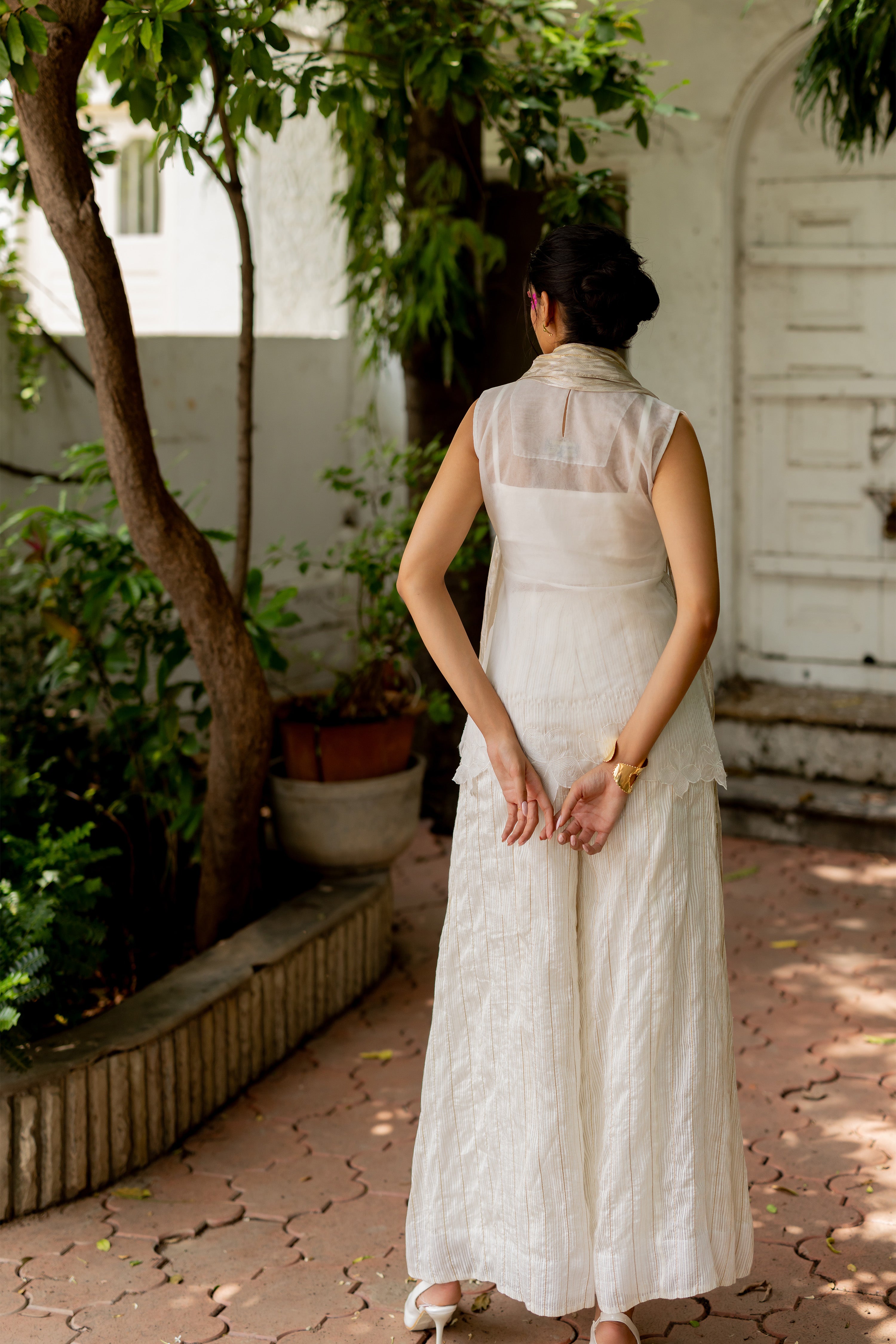"IVORY OVERLAY WITH BUSTIER STRIPE PANTS AND DUPATTA (gouri)"