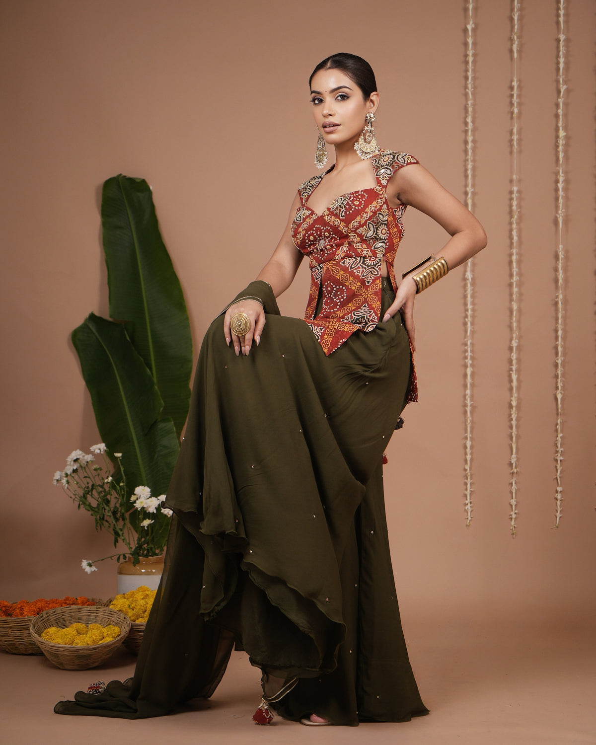 Red Bandhani Printed Kurti Palazzo Set (Set of 3)