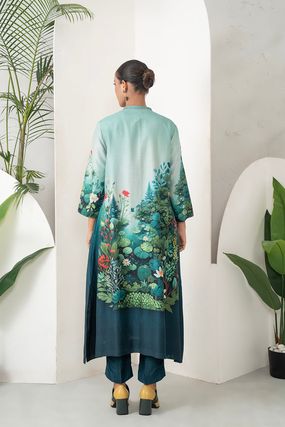 Blue Fades Gently From Mint To Midnight Silk Chanderi Hand-Painted Garden Printed Dress Set (3 PCS)
