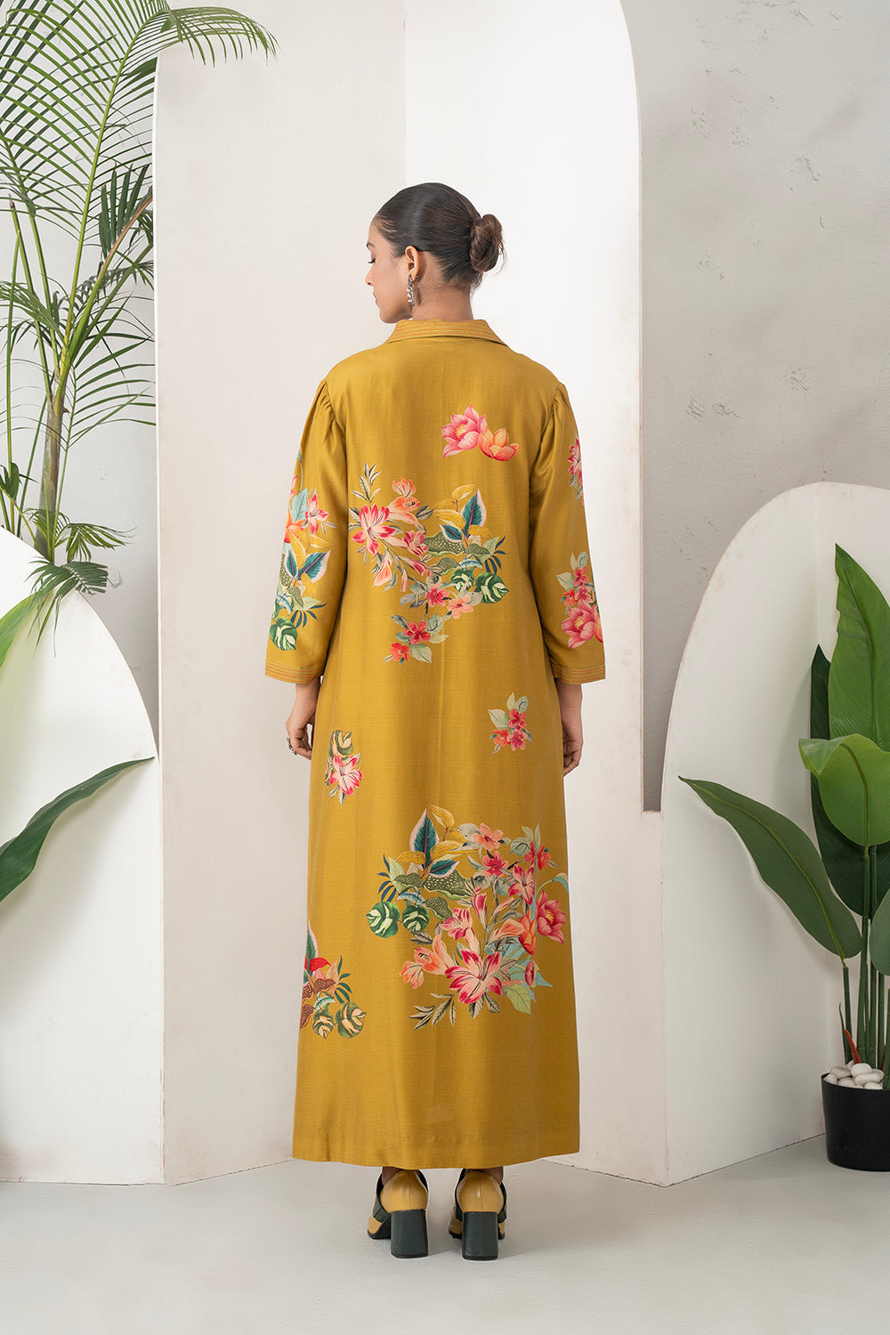 Mustard Silk Chanderi Front Pleat Detailed Colourful Floral Printed Dress Set (2 PCS)