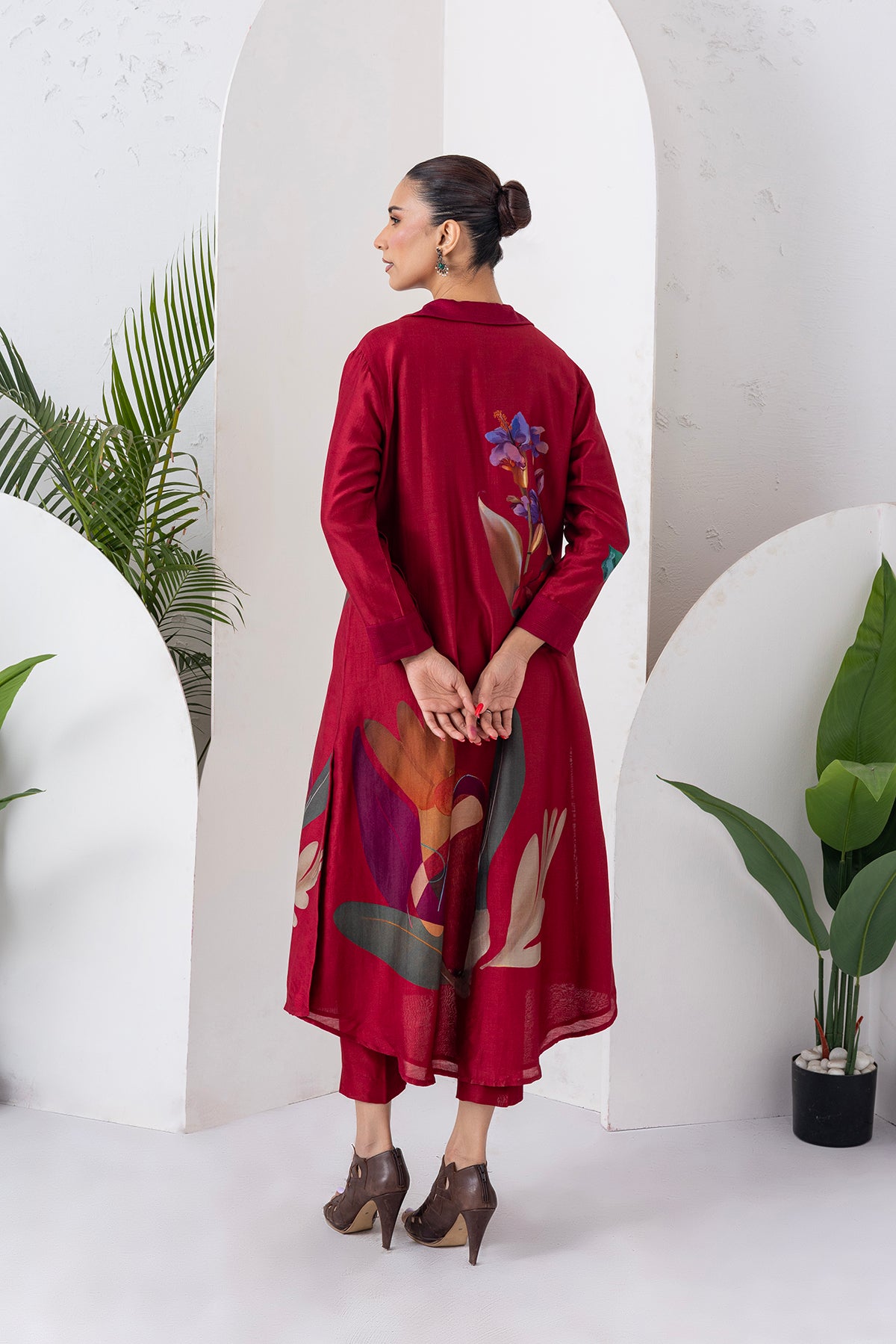 Red Viscose Dupion Printed Front Open Dress (1 PC)