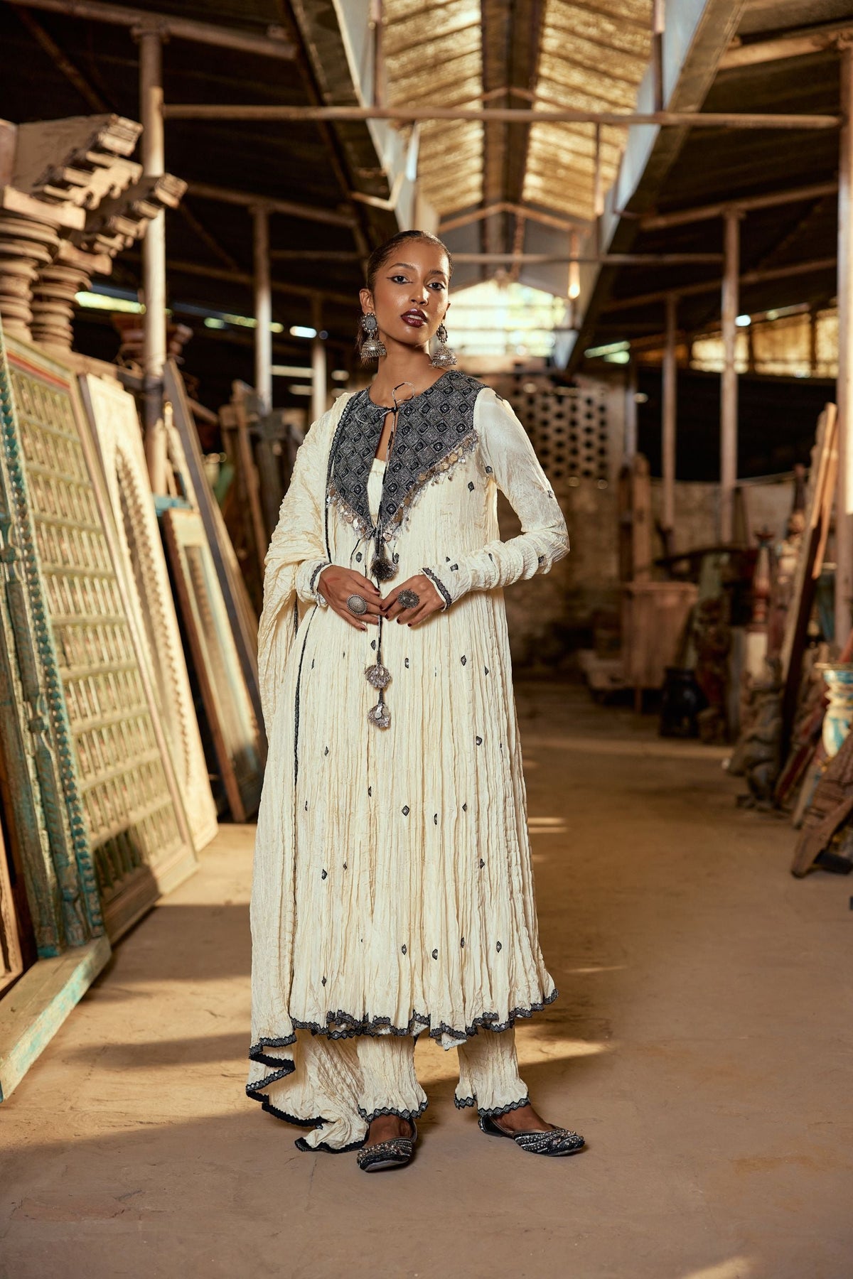 BEIGE CRUSH OPEN ANARKALI WITH KURTA AND CHURIDAR