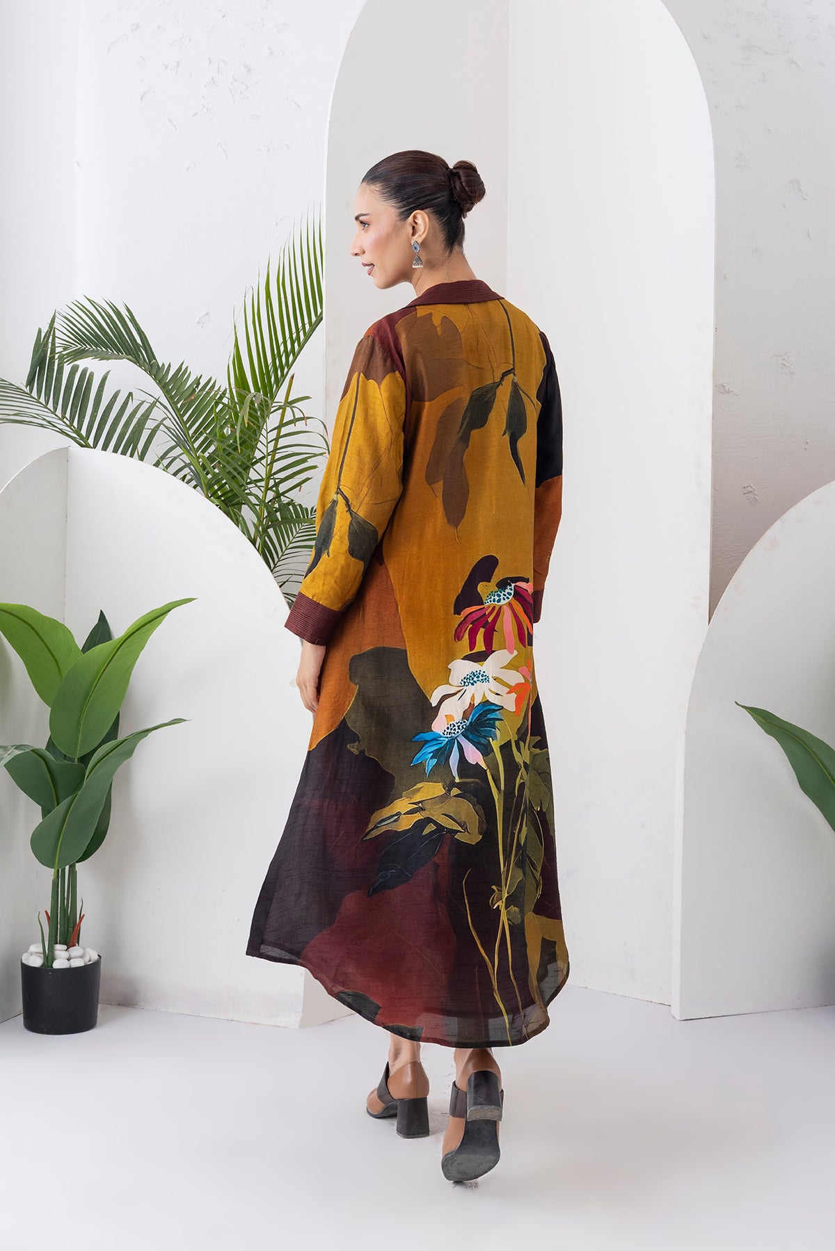 Mustard & Brown Viscose Dupion Printed Front Open Dress (1 PC)