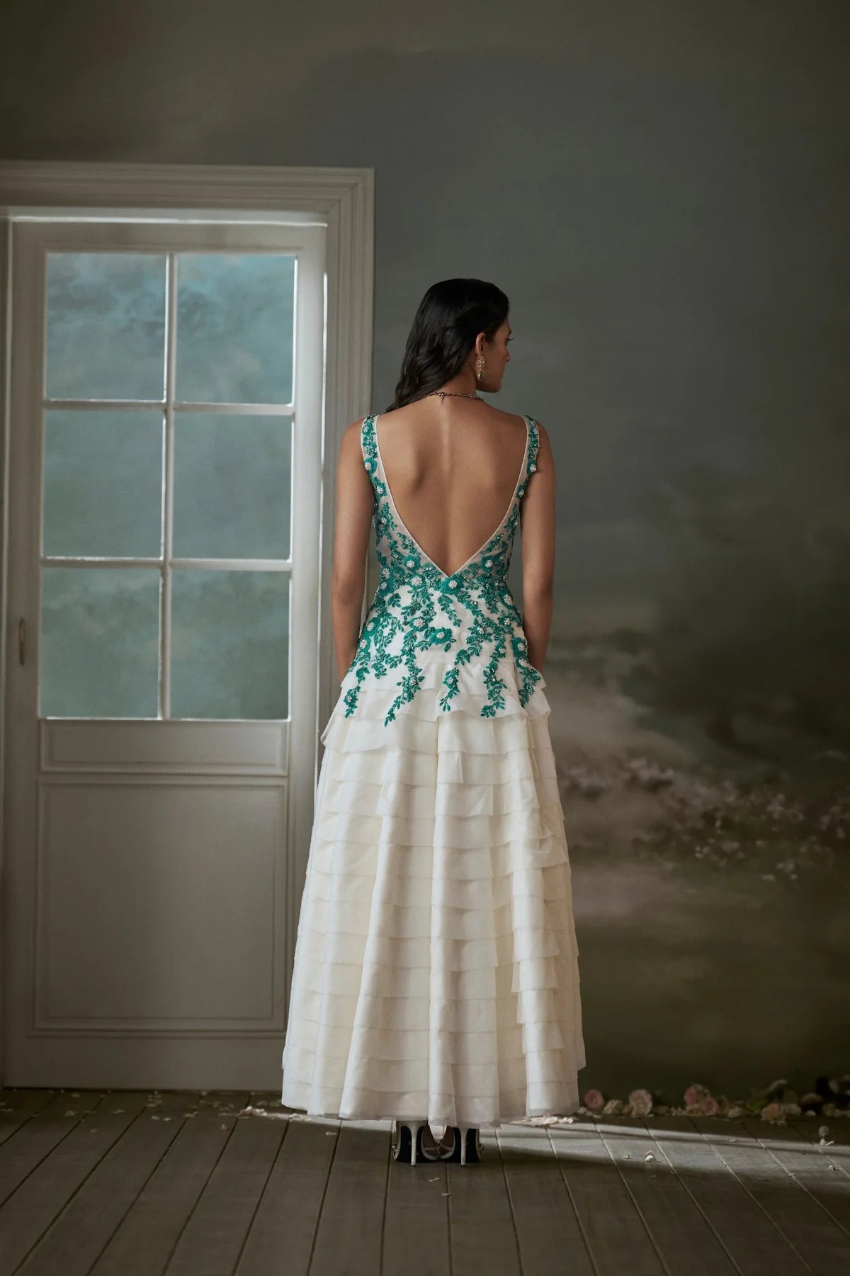 Ivory organza layered asymmetrical dress