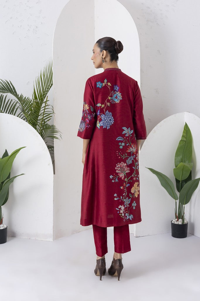 Maroon Silk Chanderi Floral Printed Front Open Dress (1 PC)