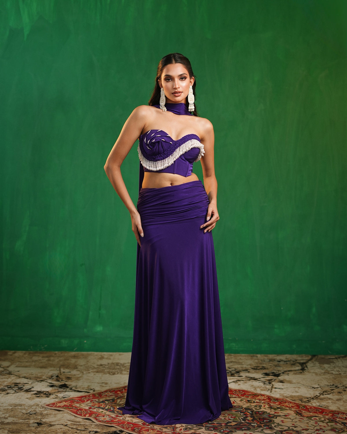 Royal Purple Drape Corset Indo Skirt Set  (Set of 3)