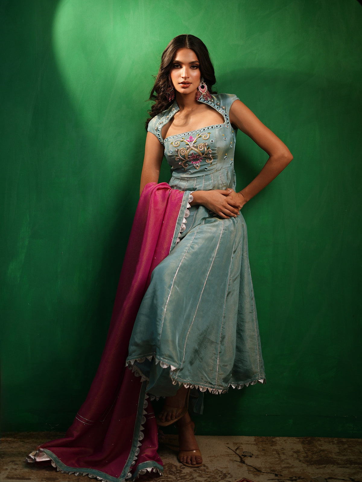 Aqua Blue Tissue Silk Heavy Anarkali Set  (Set of 3)