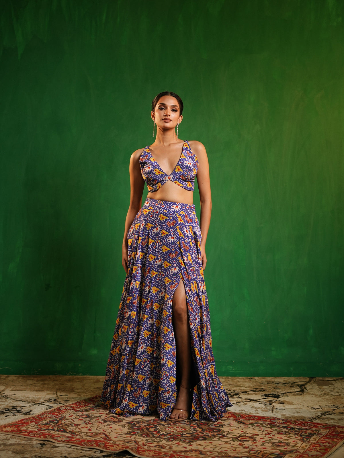 Blue Patola Printed Indo Lehenga  Set (Set of 3)
