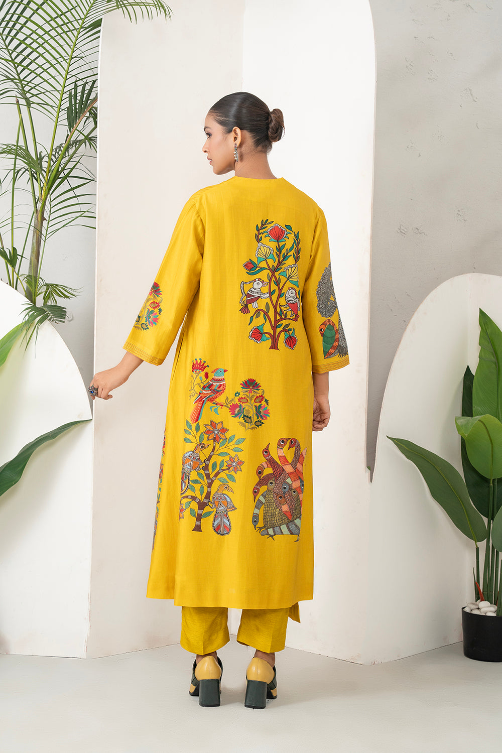 Yellow Silk Chanderi Front Open Striking Bird And Floral Printed Dress Set (3 PCS)