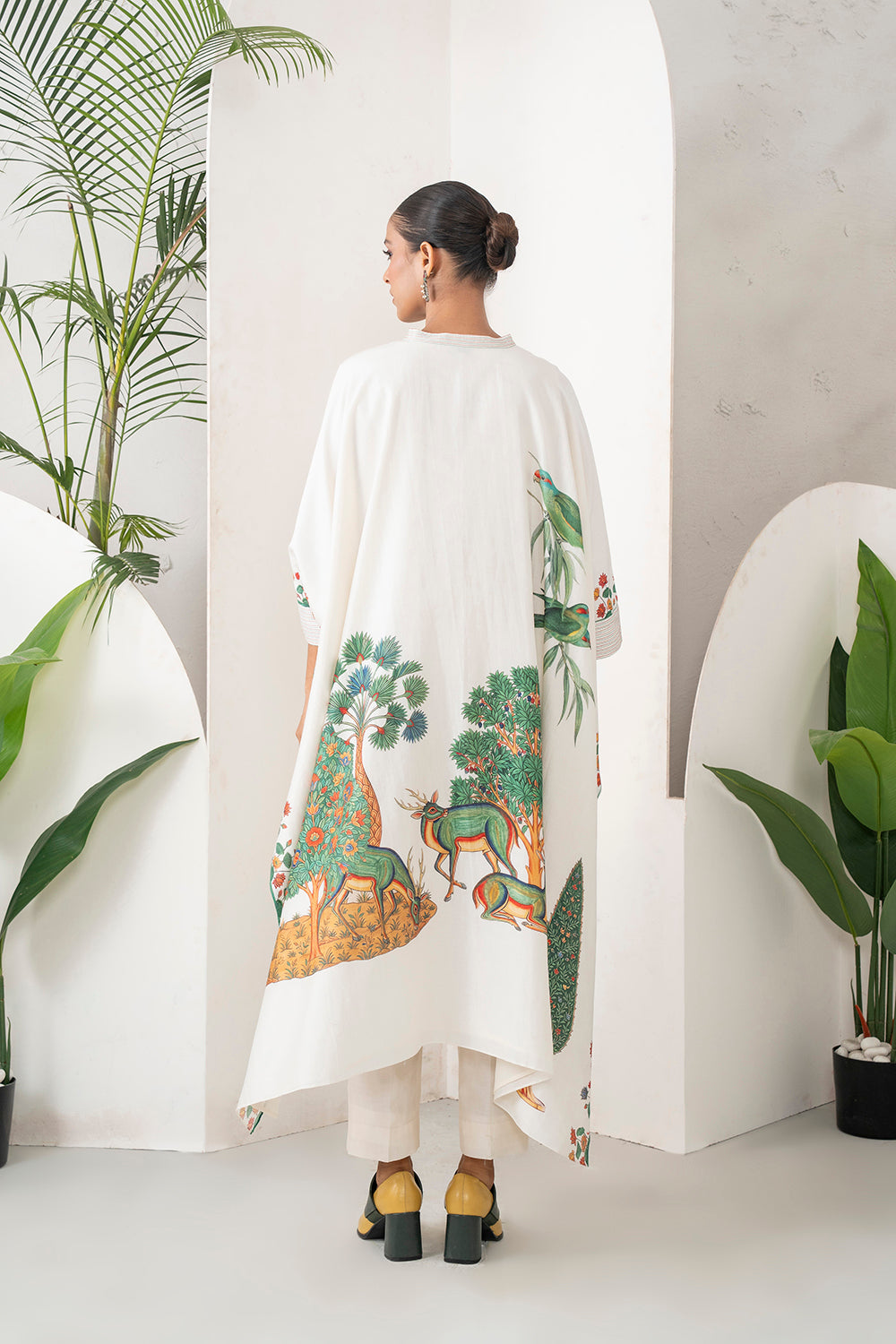 Ivory Silk Chanderi Folk Tale Printed Kaftan Set (3 PCS)
