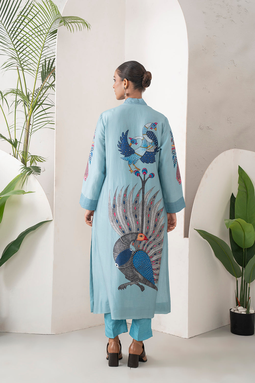 Sky Blue Silk Chanderi Striking Peacock Illustration Printed Tunic Set (2 PCS)
