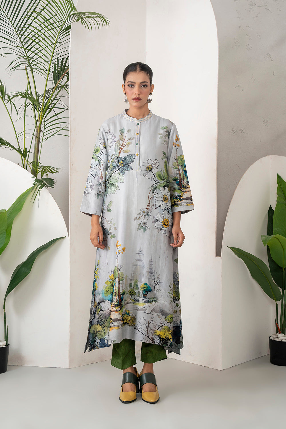 Grey Silk Chanderi Painterly Landscape Printed Tunic Set (2 PCS)