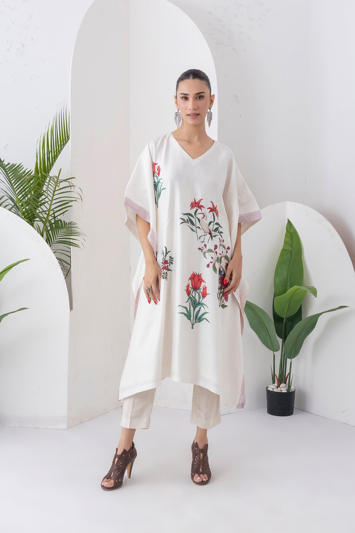 Ivory Silk Chanderi Floral Printed Kaftan (1 PC)