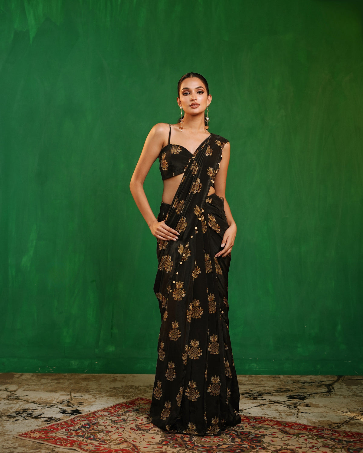 Pineapple Print Pre-Drape Saree With Statement Organza Poncho Set (Set of 3)