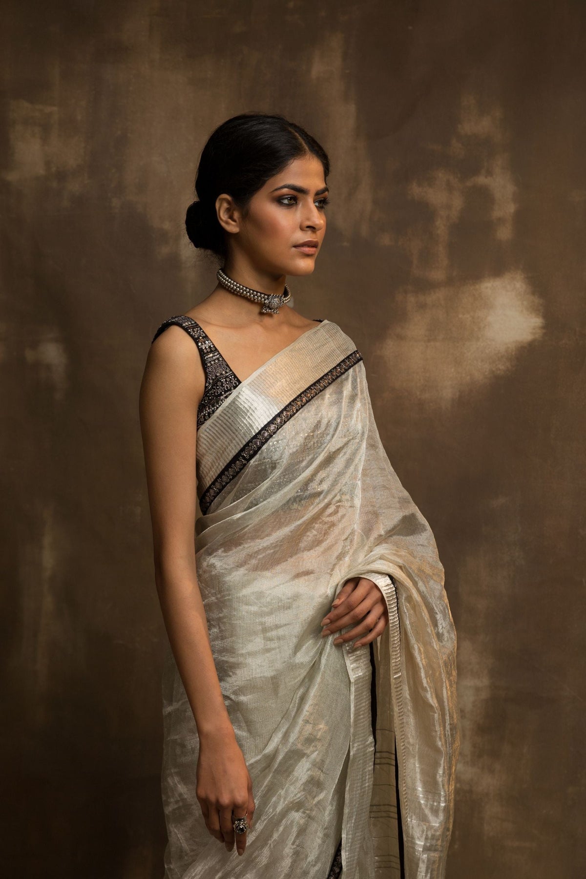 BANARASI TISSUE NET SAREE IN SILVER WITH PETTICOAT