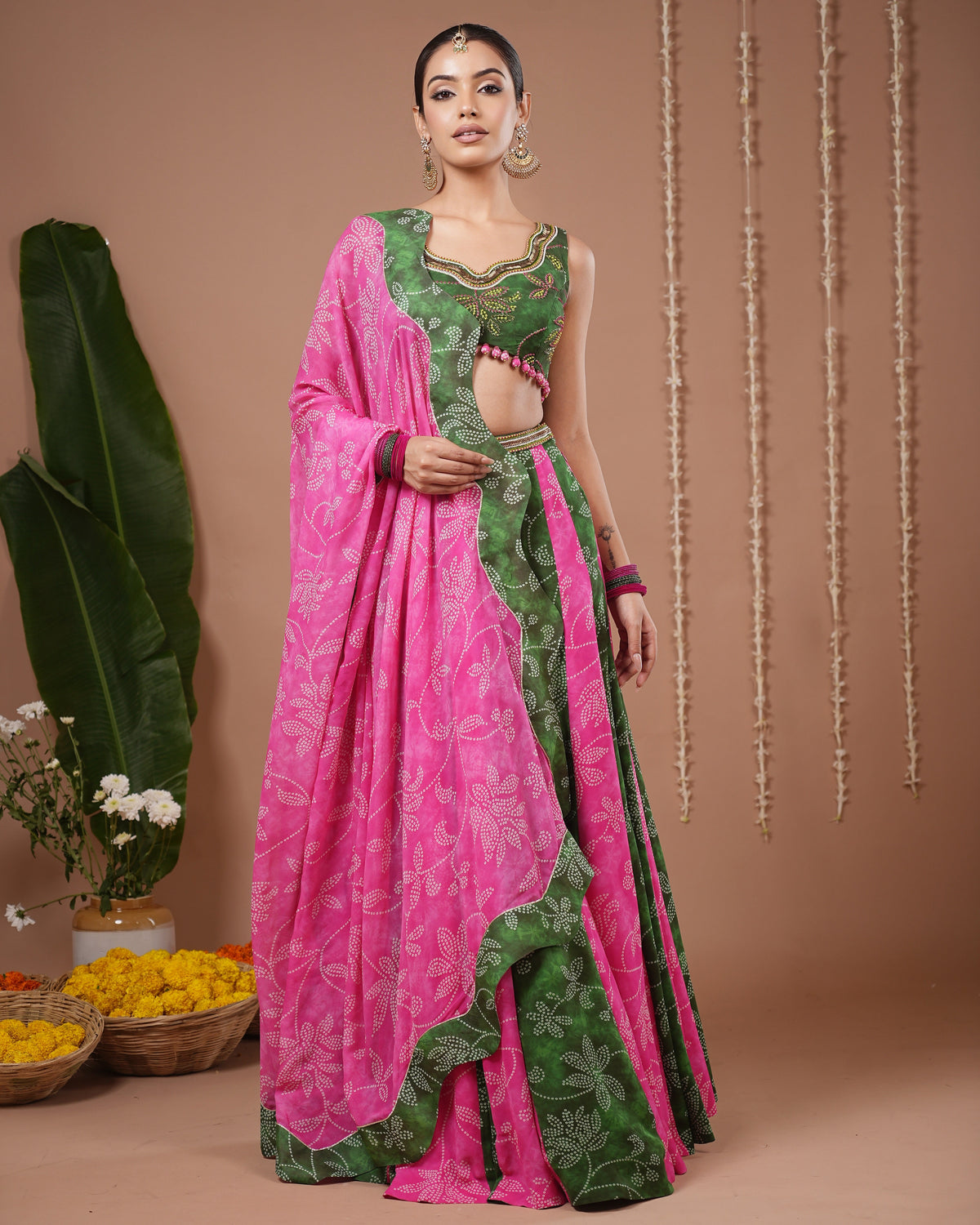 Green- Pink Bandhani Floral Printed Lehenga Set (Set of 3)
