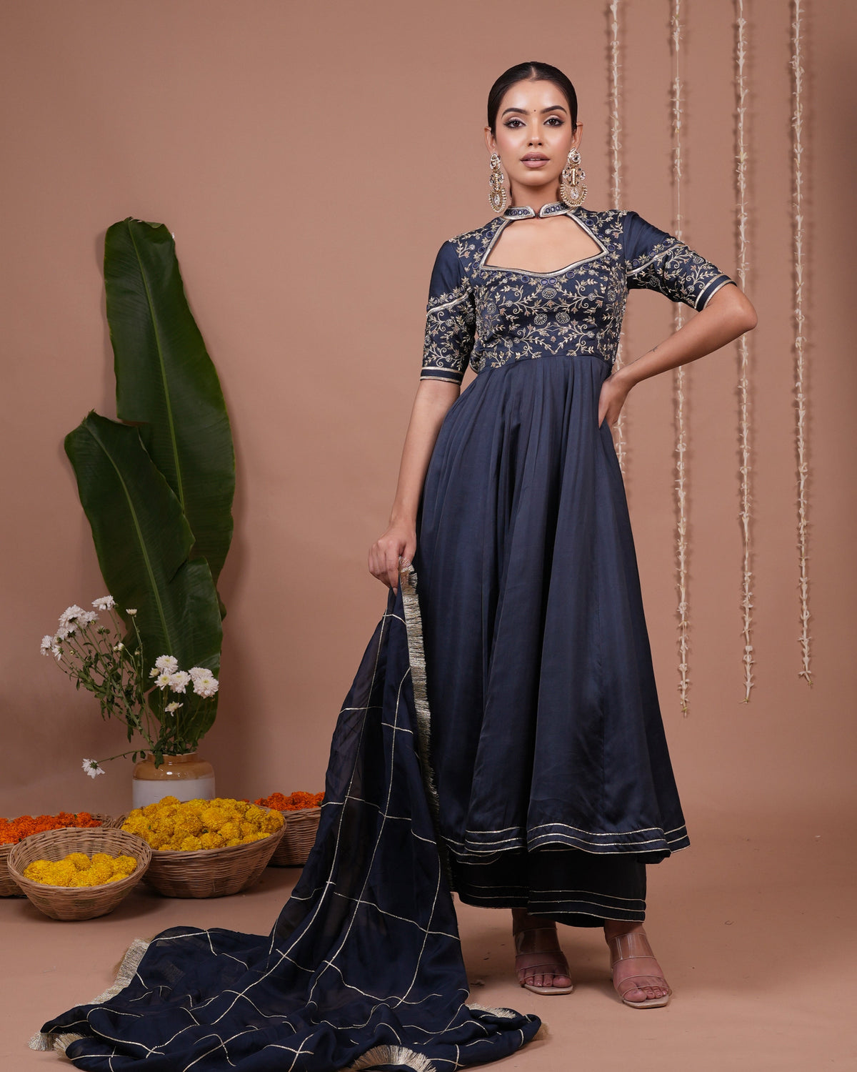 Navy Blue Silk Satin Heavy Anarkali Suit Set (Set of 3)