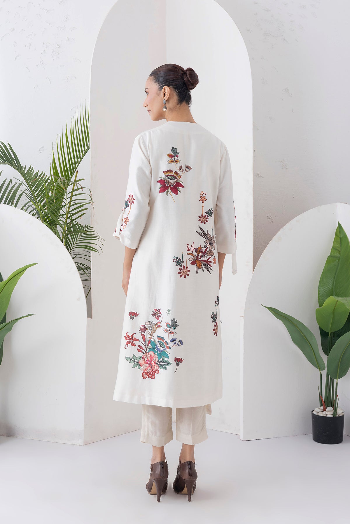 Ivory Silk Chanderi Printed High-Low Dress (1 PC)